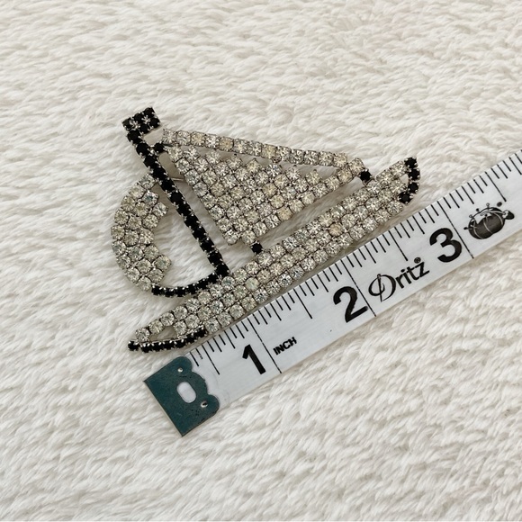 Vintage Rhinestone Sailboat Brooch Clear & Black Crystal Boat Pin Mid Century 3” - Picture 8 of 10